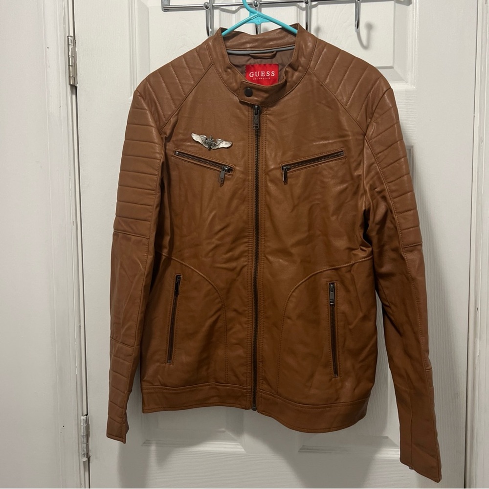 GUESS Moto-Style Men's Tan Leather Bomber Jacket
